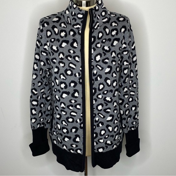 Rachel Zoe Grey and Black Leopard Full Zip Front Sweater Cardigan - Picture 9 of 11